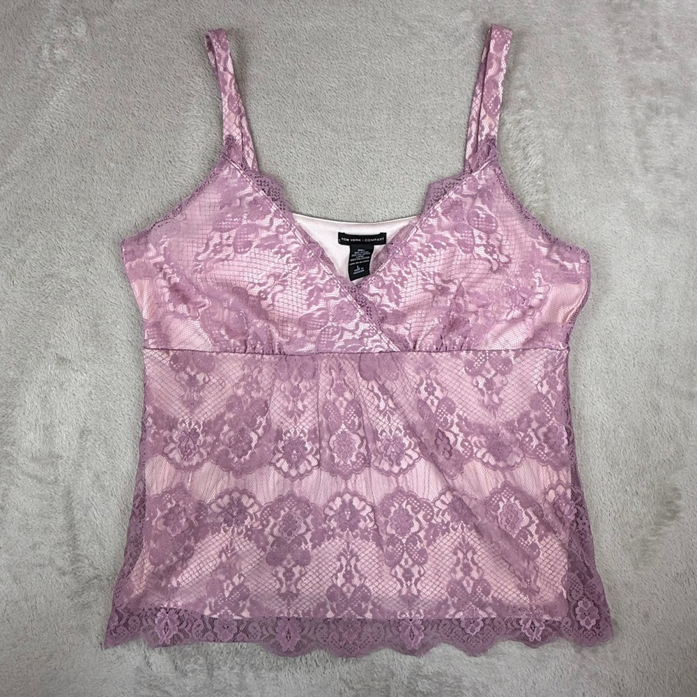 New York & Company Camisole Women L Purple Pink Lace Top Y2K Fairy Coquette Vtg